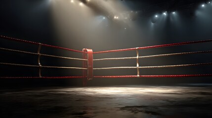 Realistic muay thai ring corner with ropes and light rays
