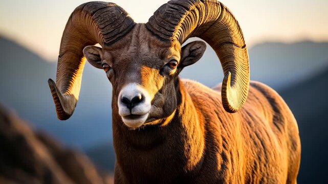 Majestic bighorn sheep in mountain landscape during golden hour light
