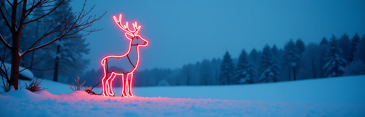 serene winter scene single neon reindeer tree standing soft blue twilight hues amidst minimalist backdrop white snow bare