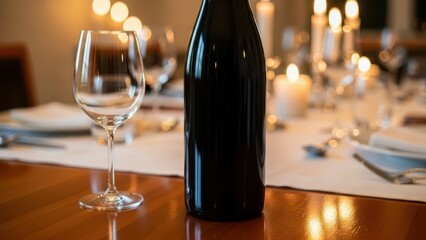 Wine bottle and glass on dining table