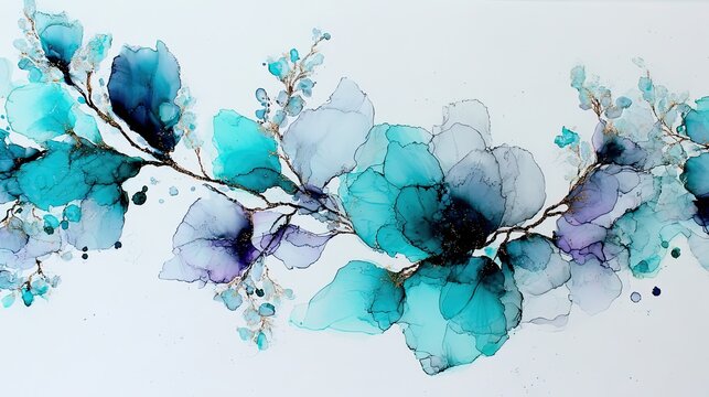 Alcohol ink painting with delicate floral elements in shades of blue and purple. Abstract watercolor art, elegant design for background or wedding invitation.
