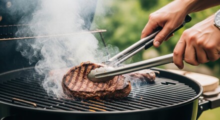 Closeup of a person grilling a thick steak on a smoky barbecue outdoors