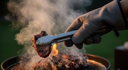 Hand in grilling glove flipping sizzling meat on a smoky outdoor barbecue