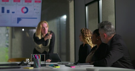 Female boss publicly scolding male employee during tense office meeting, man hides face in shame as colleagues look on, highlighting workplace conflict and humiliation