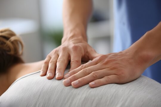 Realistic therapist pressing palm along back line