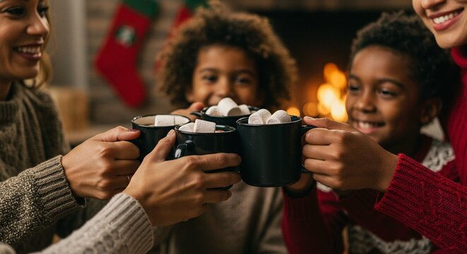 Family toasting hot chocolate with marshmallows by the fireplace during christmas time cheer - Powered by Adobe