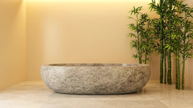 A serene bathroom features a natural stone bathtub. Lush bamboo plants enhance the tranquil spa ambiance.