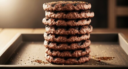 A tall stack of freshly grilled hamburger patties on a metal baking sheet