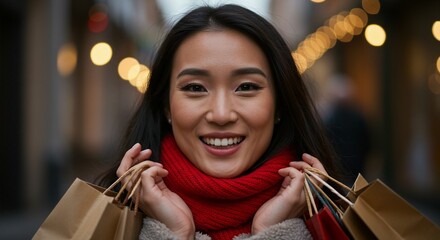 Smiling woman in red scarf holding shopping bags with blurred lights in background