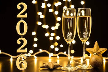A Toast to the Future: Two champagne glasses shimmer with celebration, alongside festive lights and a decorative 2026, creating a scene of optimistic anticipation for the new year.