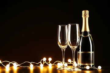 Celebration toast: A luxurious scene unfolds with a sparkling champagne bottle, two elegant glasses, and a string of softly glowing lights, all set against a rich, dark backdrop.