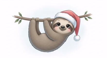 Cute cartoon sloth wearing a red Santa hat hanging from a tree branch, looking happy for Christmas holiday card, children book, or party invitation.