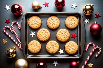 Festive Delight: Christmas cookies and decorations arranged on a dark table, evoking a sense of joy and the warmth of holiday celebrations.