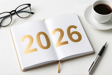Vision for 2026: An open notebook displaying the golden numbers 2026 rests on a table, accompanied by a cup of coffee and glasses. A pen beside the open pages suggests planning for the coming year.