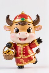Fototapeta premium Adorable chibi ox in festive red-and-gold costume, carrying a small basket of gold coins, cheerful pose, glossy PVC figure look, clean white background, perfect for Chinese New Year stock image.