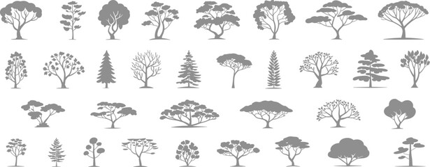 Collection of elegant tree silhouette vector illustrations featuring diverse shapes for landscape design, nature graphics, environmental projects, and creative artwork