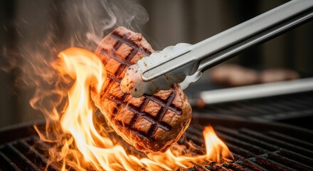 Grilling two juicy burger patties over hot flames with tongs