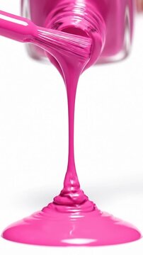 Pouring Pink Nail Polish From Bottle on White Surface, Close Up