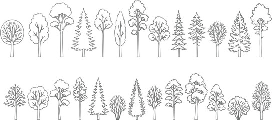 Detailed line art collection of diverse tree silhouettes featuring deciduous and evergreen varieties, perfect for landscape illustrations, nature designs, and eco projects