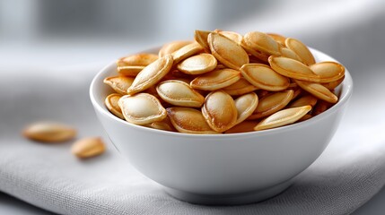 Healthy roasted pumpkin seeds in a white bowl on a gray cloth