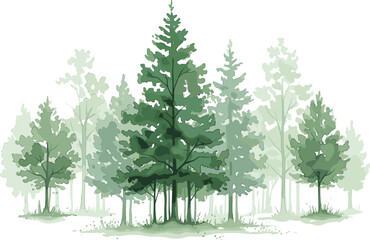 Lush layered green forest illustration with watercolor trees, pine centerpiece, tranquil woodland background for eco design and nature branding projects