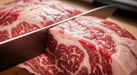 Closeup of a sharp knife slicing through a marbled cut of raw red beef