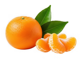 Vibrant whole orange and juicy peeled segments accompanied by fresh green leaves, isolated on transparent background