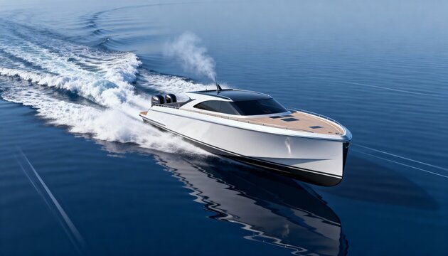Medium shot of a sleek planing hull slicing through calm waters demonstrating highspeed water flow efficiency and reduced drag for swift vessel movement.