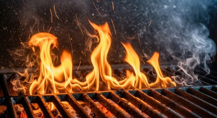 Vibrant orange flames and smoke rising from a hot barbecue grill