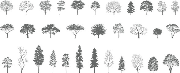 Monochrome hand-drawn tree silhouette vector set, varied tree shapes, editable scalable EPS SVG icons for botanical landscapes and design projects