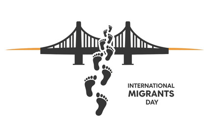 Graphic illustration for International Migrants Day featuring a bridge and footprints on a white background with black and orange colors.