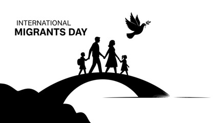 Black silhouette of a family with children holding hands walking on a bridge with a flying bird on International Migrants Day against a white background.