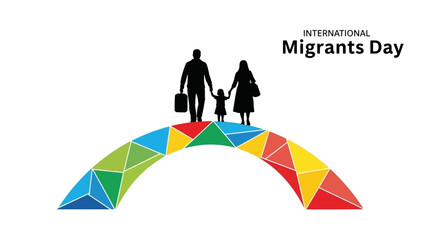 International Migrants Day illustration of a family with luggage standing on a multicolored bridge against a clean white background.