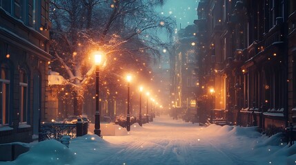 Winter street with glowing lamp posts and fresh snow ground