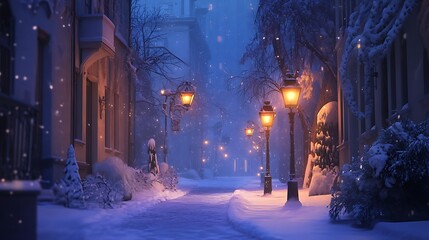 Winter street with glowing lamp posts and fresh snow ground