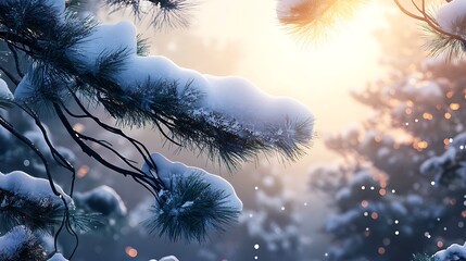 Pine branches under snow with soft morning light behind