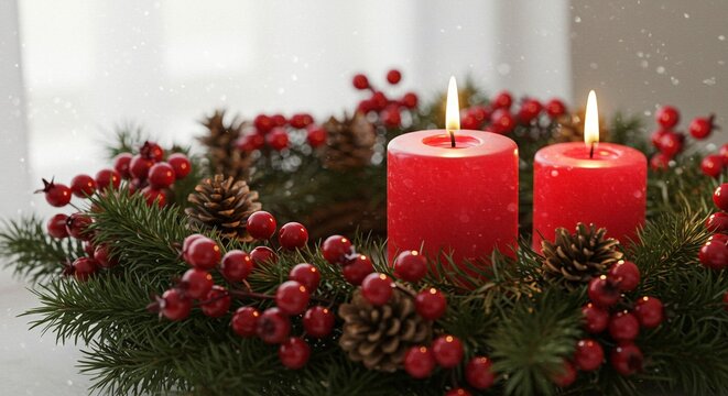 Two red candles burning brightly amidst a christmas wreath with berries and pine cones decor