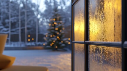 Frosted glass with warm indoor glow in wintery evening