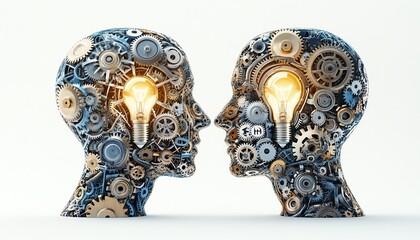 Two opposing human head silhouettes made entirely from intricate gears