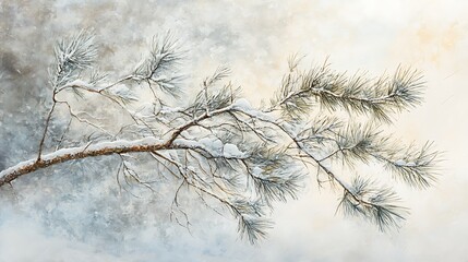 Pine branches under snow with soft morning light behind