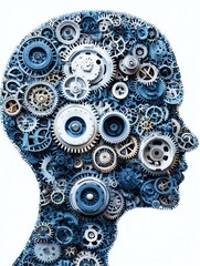 A clean human head silhouette filled with intricate interlocking gears and cogwheels