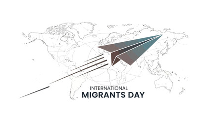Illustration of a paper airplane flying over a world map with the text 'International Migrants Day' on a white background, conveying a sense of global movement.