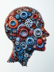 Obraz premium A clean human head silhouette filled with intricate interlocking gears and cogwheels