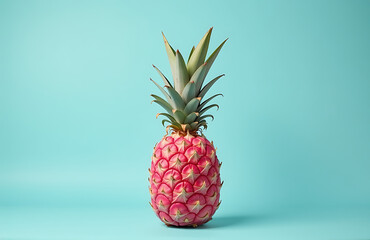 minimalist still life juicy pink pineapple isolated soft blue pastel background warm natural light shallow depth