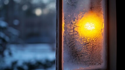 Frosted glass with warm indoor glow in wintery evening