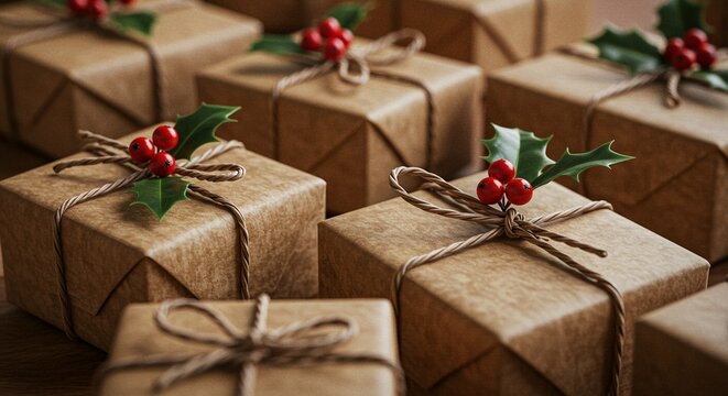 Close up of brown paper wrapped christmas presents tied with twine and holly decorations