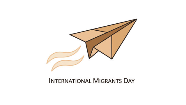 Illustration of a paper airplane flying with motion lines and International Migrants Day text on a white background.