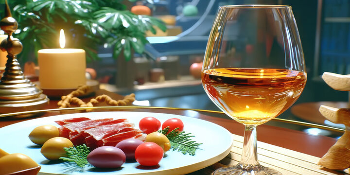 Elegant tapas plate with cured ham, colorful olives and glass of amber wine