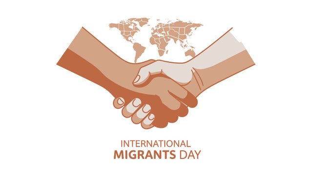 Graphic illustration of two hands shaking over a world map on International Migrants Day with orange tones and a clean white background. - Powered by Adobe