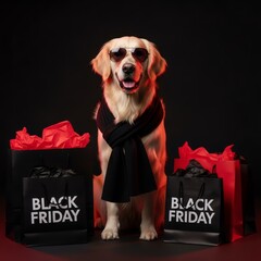 Golden retriever dog wearing sunglasses and scarf with Black Friday shopping bags. Puppy sale event or holiday season shopping concept.